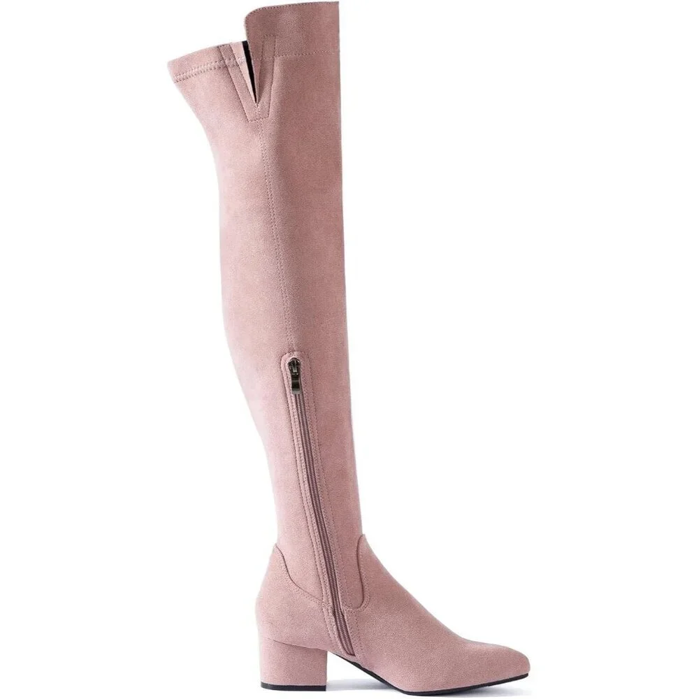 Women Pink\2inch Suede Over the Knee Thigh High Chunky Block Heel Winter Boots